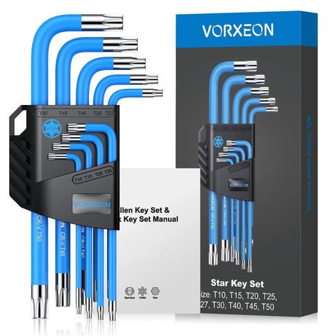 Nine Piece Pro Grade Torx Star Wrench Key Set T10 To T50 With Visible Coding And Non Slip Coating Chrome Plated Long Arm