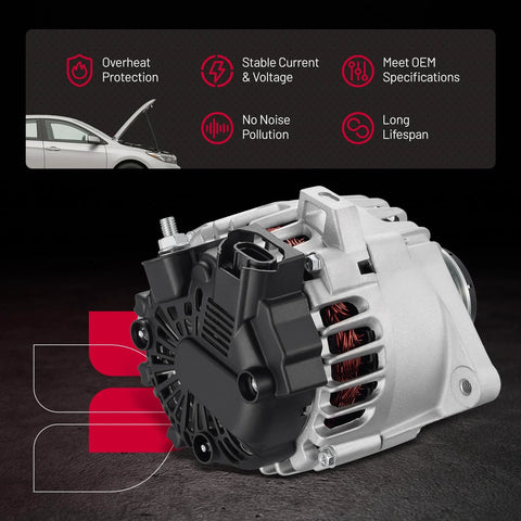 High Output Alternator For Kia Rio 2014-2016 1.6L Forte Koup Forte5 2014-2016 1.6L Veloster 2013-2016 1.6L L4 Replacement OE 373002B760 37300-2B760 Plug And Play, featuring compact design with heat protection and long lifespan features.