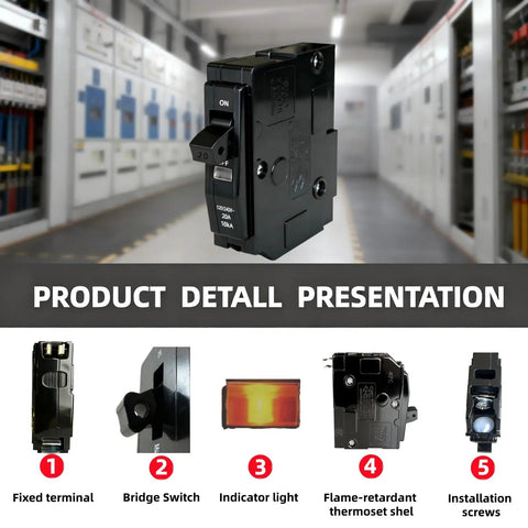 One-Pole 20 Amp Circuit Breaker Drop-In Replacement For QO120 Plug-In Mini Breaker Compatible With QO Load Centers CSED And NQOD Panels Thermal Magnetic Protection 120 And 240 Volt 10 kAIC DIY Friendly, shown with installation components in an indoor setting