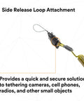 Ultra Compact Clip To Loop Coil Tether with swivel snap D ring and side release loop, showing side release attachment and coil.