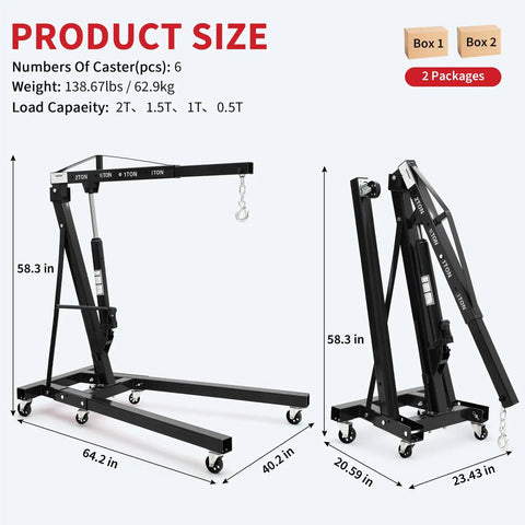 Badass Industrial Grade Hydraulic Engine Hoist Built To Move Four Thousand Four Hundred Pounds Drop Dead Easy Foldable Steel Cherry Picker size chart showing dimensions and weight