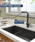 Pull Down Kitchen Faucet With Deck Plate And Sprayer, Dual Tone Matte Black And Chrome Finish, high arc spout over sink