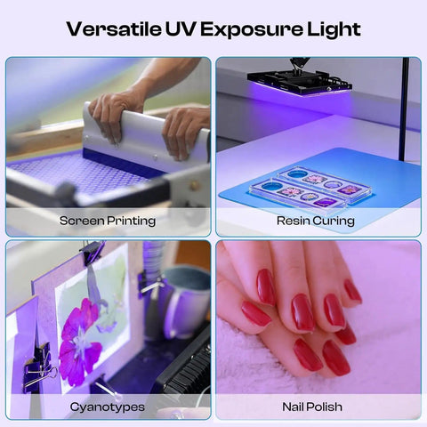 Powerful 100W LED UV Exposure Unit for Screen Printing demonstrating resin curing and cyanotypes with vibrant images.