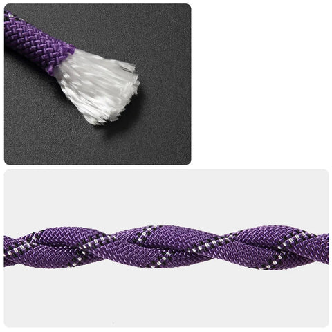 Close-up of Floating Nylon Marine Rope With Hook, 9/16 Inch By 16 Feet, Purple, showing braided purple texture and frayed end.
