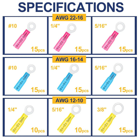 Specifications of 125 Piece Heat Shrink Wire Connector Kit With Insulated Crimp Terminals In Red Blue Yellow For AWG 22 16 14 12 10 Automotive And Marine Waterproof Electrical Terminal Assortment In Durable Storage Box For DIY Projects.