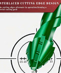 Green 4-flute serrated carbide masonry drill bit, close-up view.