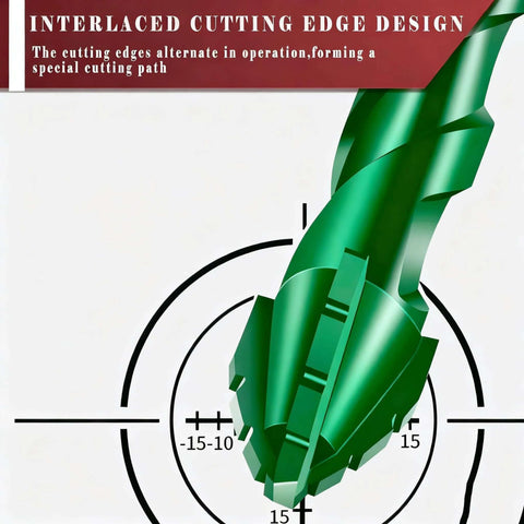 Green 4-flute serrated carbide masonry drill bit, close-up view.