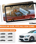 Stainless Steel License Plate Frames 2 Pack With Screws For Front And Rear Universal Tag Frames No Cover State Name Narrow Border Design Fits All Standard US Plates displayed with car image and dimensions.