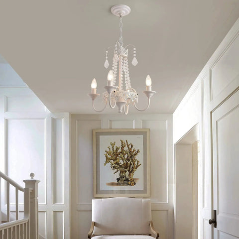 Crystal Mini French Country 4 Light Chandelier In White Finish Candle Style Ceiling Fixture For Dining Room Living Room Bedroom And Girls Room E12 Base Diameter About Eighteen Inches Height About Seventeen Point Nine Inches Adjustable Chain
