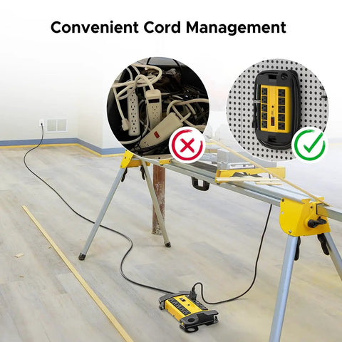 Heavy Duty 10 Outlet Power Strip With Beefy Metal Housing, 15 Amp, 125V, 15 Ft Cord, 2800 Joules Surge Protection in workshop.