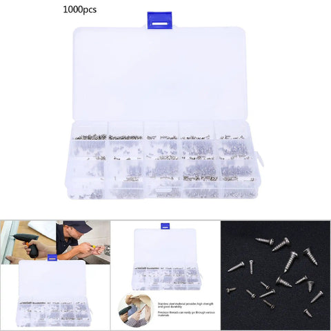 Top Shelf Hella Durable Miniature Self Tapping Screws Stainless Steel 1000 Piece Kit in organized storage box for quick fixes.