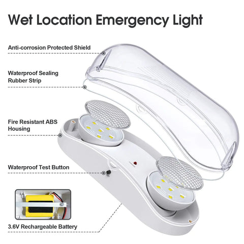 Heavy Duty Outdoor Emergency Light With Battery Backup And Hardwired Exterior Exit Fixtures, waterproof test button, ABS housing, LED bulbs.