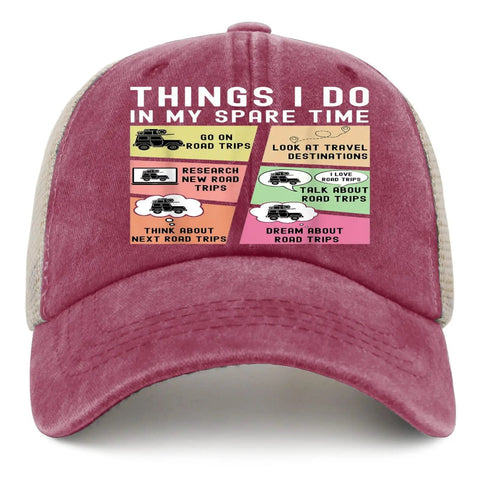 Funny Spare Time RV Camper Trucker Hat For Men with road trip-themed patches, deep rose color, adjustable fit