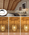 Handcrafted Boho Rattan Plug In Pendant Light With Six Watt Led Bulb And Warm 3000k Glow Featuring A Handy Dimmer Switch Plus Fifteen Foot Cord Easy Peasy Setup And Total Vibe Upgrade For Bedroom showing various brightness settings.