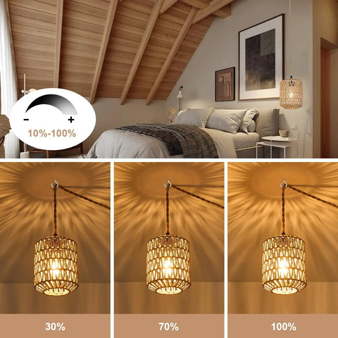 Handcrafted Boho Rattan Plug In Pendant Light With Six Watt Led Bulb And Warm 3000k Glow Featuring A Handy Dimmer Switch Plus Fifteen Foot Cord Easy Peasy Setup And Total Vibe Upgrade For Bedroom showing various brightness settings.