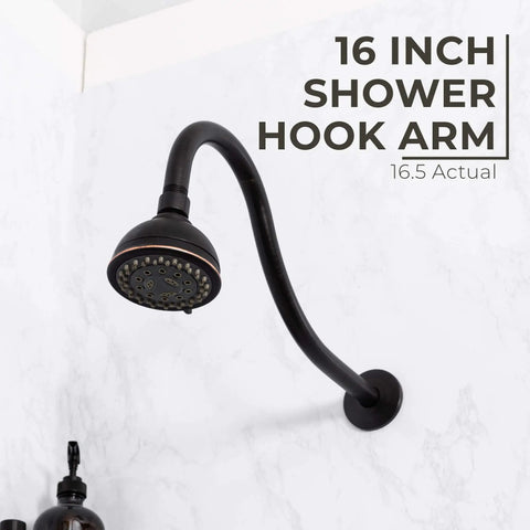 16 Inch Shower Head Extension Arm With High Arc Curve And Hook Design In Oil Rubbed Bronze installed on bathroom wall