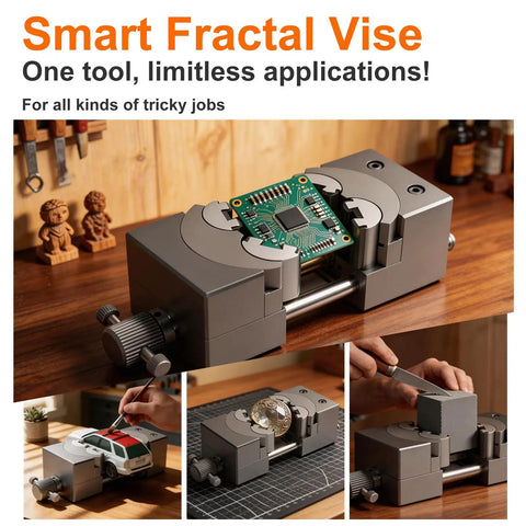 Heavy Duty Mini Bench Vise With Self Adjusting Fractal Jaw, Solid Hella Versatile Clamping Tool For Irregular Parts, Precision Cnc Machined Aluminum For Jewelry Repair And Diy Projects, holding a circuit board.