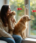 Two Pack Window Hummingbird Feeder With Super Sturdy Suction Cups And Built In Ant Moat Easy To Clean And Refill Eight Point Eight Ounce Capacity Outdoor Red Feeders For Quick Bird Watching mounted on window with birds