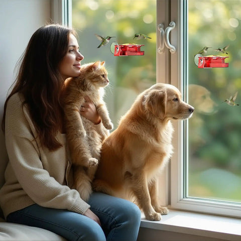 Two Pack Window Hummingbird Feeder With Super Sturdy Suction Cups And Built In Ant Moat Easy To Clean And Refill Eight Point Eight Ounce Capacity Outdoor Red Feeders For Quick Bird Watching mounted on window with birds