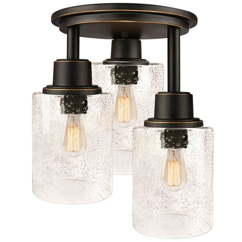 Three Light Semi Flush Mount Ceiling Light With Vintage Oil Rubbed Bronze Finish And Clear Seeded Glass Shades Perfect For Hallways Entryways Kitchens Porches And Stairs Built To Last With A Cool Rustic Vibe And Warm Glow, featuring clear seeded glass shades and sturdy metal canopy.