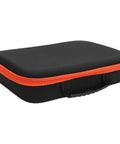 Closed black EVA padded impact drill carrying case with orange zipper, showing lightweight portable tool box design.