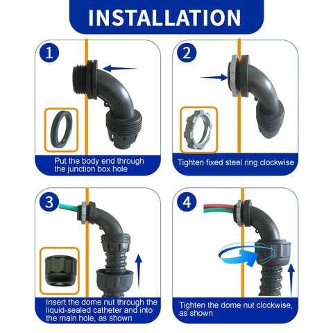 Installation guide for Ultra Flexible Liquid Tight PVC Electrical Conduit Kit, Half Inch Diameter, showing step-by-step assembly.