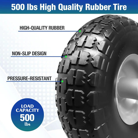 Close-up of a rugged Four Pack 10 Inch Flat Free Tires Solid PU Foam Wheels Built Tough No Flat Rugged 5 By 8 Axle Bore Offset Hub