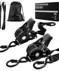 10 Foot Heavy Duty Retractable Ratchet Straps With Slick Auto Rewind System And Quick Release Clasp For Zero Drama Load Hauling 1800 Lb Grip Black Two Pack with included storage bag.