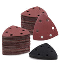 Super Cool 121 PCS Triangle Sanding Discs With Dust Vents And Peel Switch Backing For Fast Tool-Free Swapping Plus 6 Holes Design showing triangular pads with dust vents, mixed grits, and hook loop backing.
