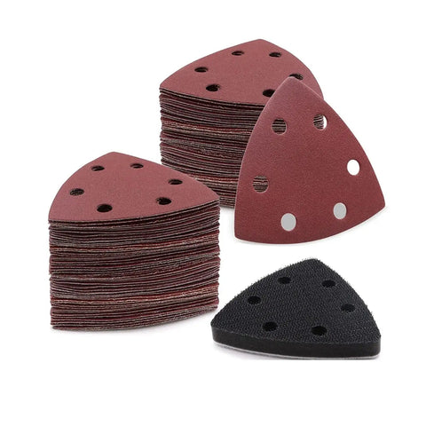Super Cool 121 PCS Triangle Sanding Discs With Dust Vents And Peel Switch Backing For Fast Tool-Free Swapping Plus 6 Holes Design showing triangular pads with dust vents, mixed grits, and hook loop backing.