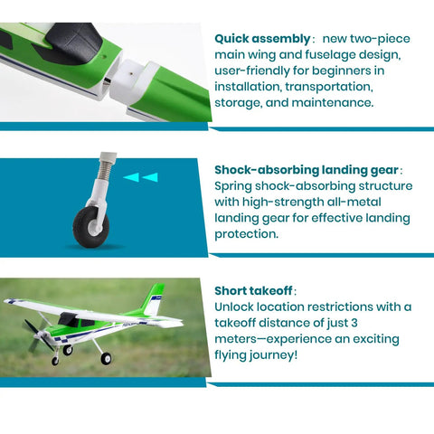 Ranger 1220mm Beginner RC Plane For Adults showing assembly steps, shock-absorbing landing gear, and short takeoff capabilities.