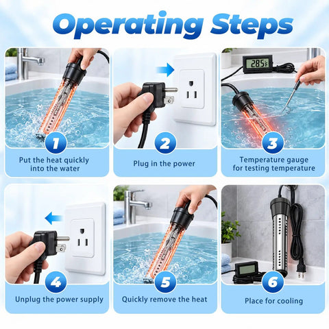 Operating steps for Portable Water Heater For Buckets And Tubs Featuring A Beefy 2000 Watt Immersion Design.