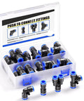 Solid 40 Pack Of Push To Connect Air Fittings Kit With Quick Release Couplers For Pneumatic Hoses Including Straight Unions, Elbows, Tees, And Y Splitters Perfect For 5/16 Inch OD Piping Tubing Systems. 40-piece black plastic fittings in storage case