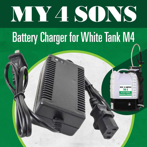 Automatic Battery Charger For White Tank M4 Backpack Sprayer, Go To Power Supply And Charge Maintainer shown with attached cable