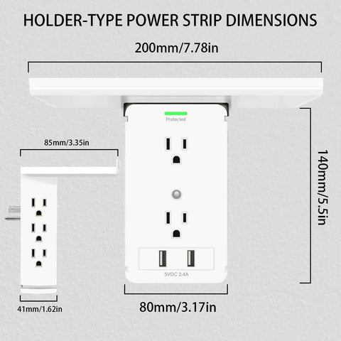 Dimensions of Wall Mounted Power Strip With Shelf For Easy Access 8 AC Outlets And 2 USB Ports Type C And Type A Total 5V 3.4A Output.