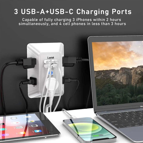 5 Outlet Extender With Four USB Ports And One USB C Port, 3 Sided 1680 Joules Surge Protector Power Strip USB Wall Charger for Home Office Travel Dorm Room, No Mess No Fuss, Space Saving Wall Plugs, ETL Listed, White in use charging multiple devices