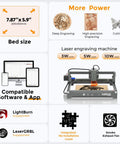 Diagram showing Dope 10W Desktop Laser Engraver Kit With Preassembled Frame, 0.01mm precision, app control, and software compatibility.
