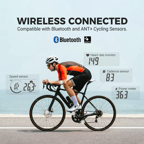 Cyclist using GPS Bike Computer With Wireless Cadence And Power Sensor Support 2.6 Inch Auto Backlight Display Bluetooth 5.0 ANT Plus
