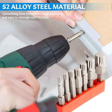 Top Notch 7 Piece Triple Square Spline Bit Set With 1/4 Inch Hex Shank And 12 Point Magnetic Torx Head in use with S2 steel bits.