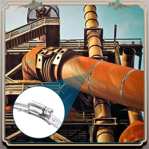 Heavy Duty 304 Stainless Steel Worm Gear Hose Clamp Strap Kit on large industrial ducting and pipes
