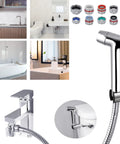 Sink Faucet Hose Sprayer Attachment With 10 Adapters in chrome for hygiene and cleaning, shown in kitchen and bathroom settings.
