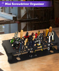 Space Saving Desktop Screwdriver Storage Rack And Iron Tool Organizer Holder For Home Office And Workshop on a desk