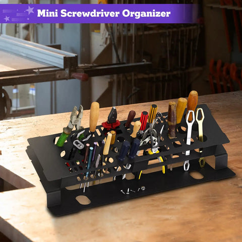 Space Saving Desktop Screwdriver Storage Rack And Iron Tool Organizer Holder For Home Office And Workshop on a desk