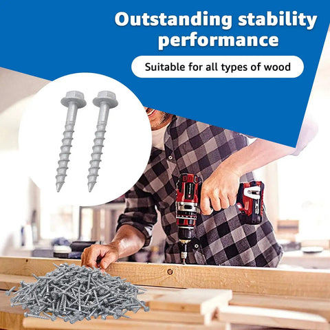 Heavy Duty Joist Hanger Screws Size Nine By One Point Five Inch Structural Fasteners That Swap Standard 10D Nails For Tough Wood Framing Big Time On Any Job Site Rock Solid Pro Gear with hex heads and a pile of screws.