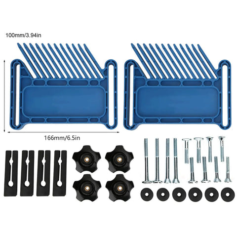 Heavy Duty Two Piece Table Saw Featherboard Set Woodworking Kickback Guard tools, blue plastic design with clamps and screws.