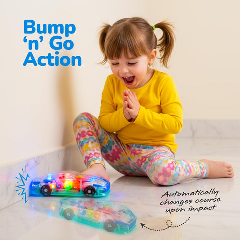 Light Up Transparent Sensory Car Toy With Bump N Go Action, Colorful Moving Gears, Music And LED Effects For Kids, A Totally Fun Easter Gift For Toddlers And A Perfect Birthday Present