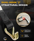 Four Pack One And A Half Inch Ratchet Straps With J Hooks For Ladder Rack And Roof Gear Seven Point Five Feet Long Five Hundred Pound Load Heavy Duty Retractable Tie Downs Cordura Wear Pad Premium Poly Webbing Diamond Stitching J hook close-up showing dual-hook design and even force distribution feature.