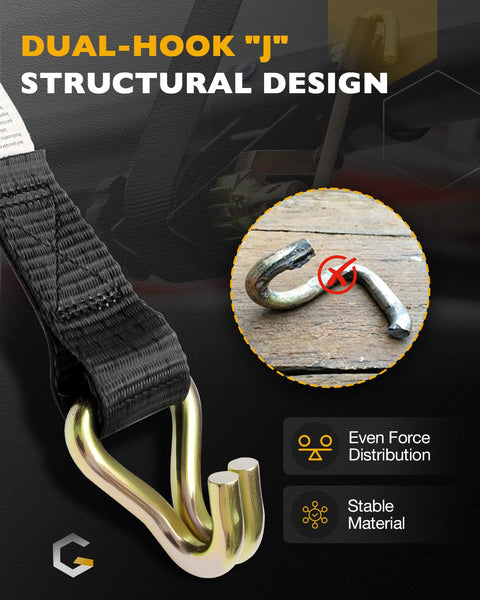 Four Pack One And A Half Inch Ratchet Straps With J Hooks For Ladder Rack And Roof Gear Seven Point Five Feet Long Five Hundred Pound Load Heavy Duty Retractable Tie Downs Cordura Wear Pad Premium Poly Webbing Diamond Stitching J hook close-up showing dual-hook design and even force distribution feature.