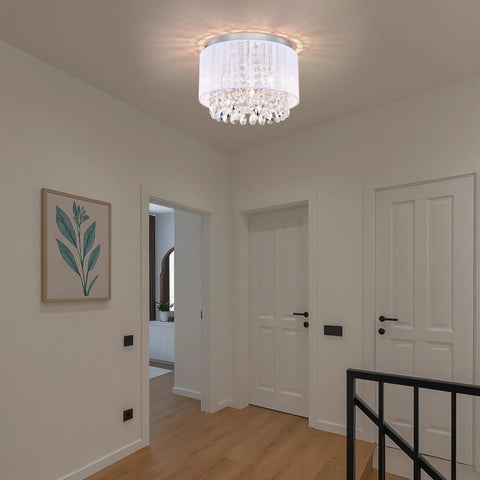 White Cotton Thread Drum Crystal Flush Mount Chandelier 3 Light Ceiling Light Fixture for Bedroom Living Room Foyer Nursery