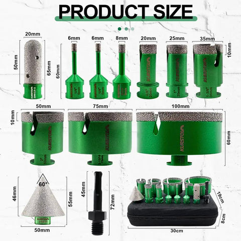 Diamond Tile Hole Saw Kit Pro Grade With Two 6mm, 8mm, 20mm, 25mm, 35mm, 50mm, 75mm And 100mm Diamond Core Drill Bits displayed